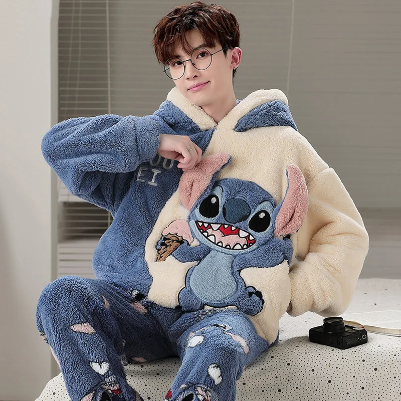 Autumn Winter Men's Coral Velvet Cartoon Pajamas Oversized Plush Thickened Warm Home Clothing Set Flannel Hooded Sleepwear