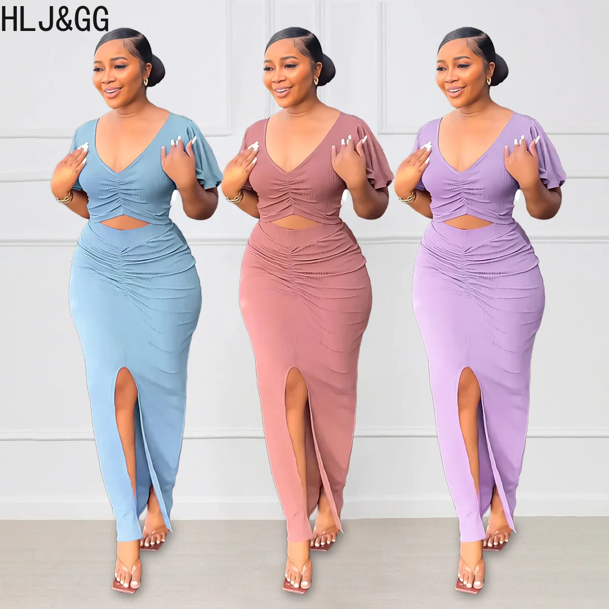 

HLJ&GG Sexy V Neck Ruffled Short Sleeves Crop Top + Slit Skirts Two Piece Sets Casual Solid Color Matching 2pcs Outfits Clothing