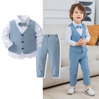 Gentleman Outfits Birthday Costume for Boy Children Spring Autumn Boutique Clothing Set Solid Vest Suit Kids Cotton Formal Wears