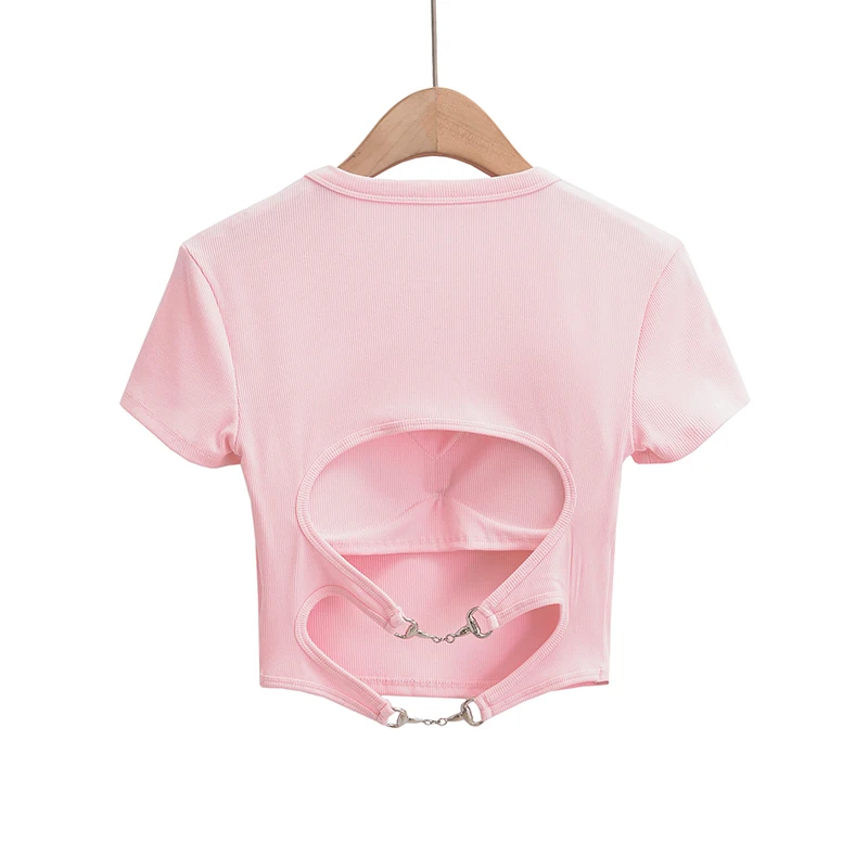 Coreano Fashion Y2K White Crop Top Donna 2023 Summer Manica Corta Tees Sexy Skinny Black T Shirt Per Le Donne Pink Top Backless