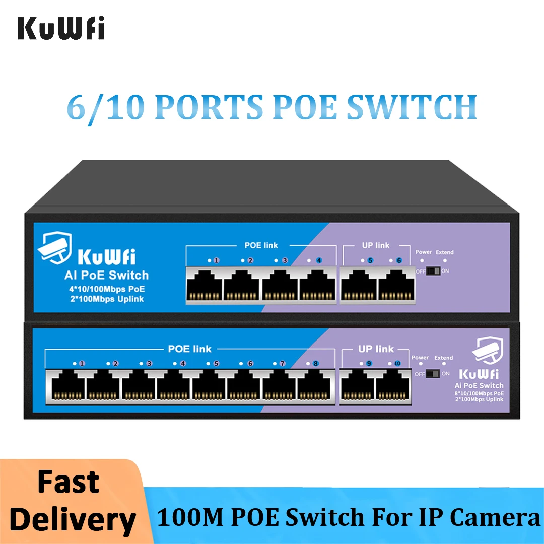 

KuWFi 48V 6/8 Ports POE Switch SFP For IP Camera/Wireless AP/CCTV Cameras System 10/100Mbps Fast Ethernet Switch with VLAN