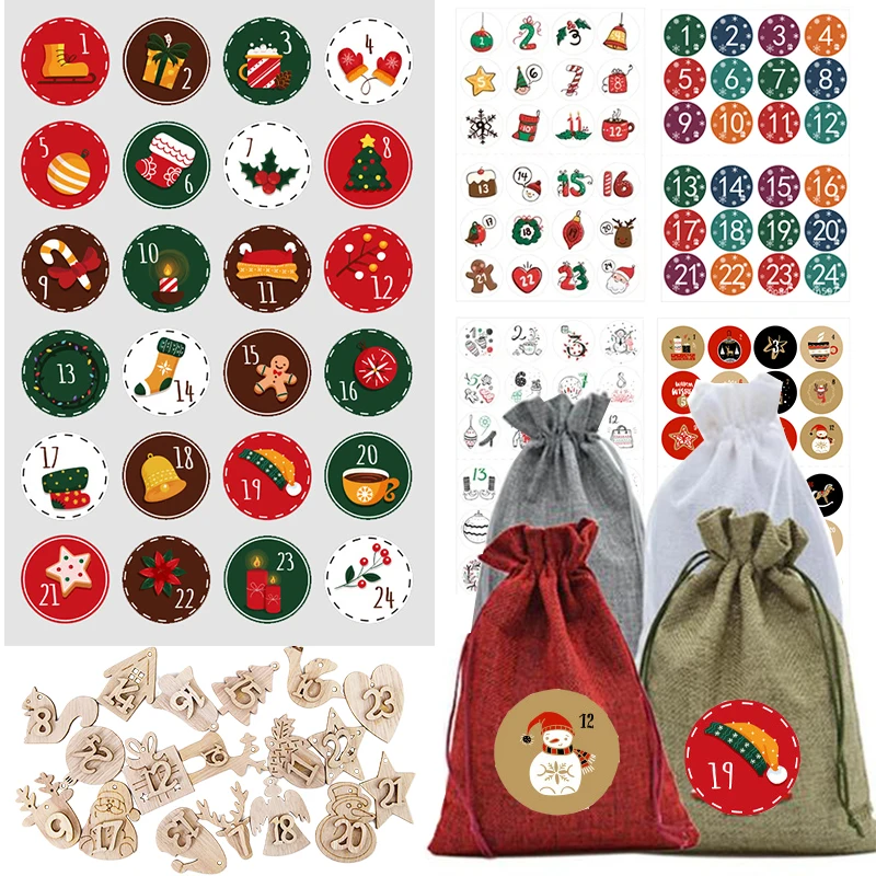 Christmas Advent Calendar Christmas Countdown Gifts Bags 1-24 Number Sealing Sticker Label Tag For Xmas New Year 2024 Noel Gifts