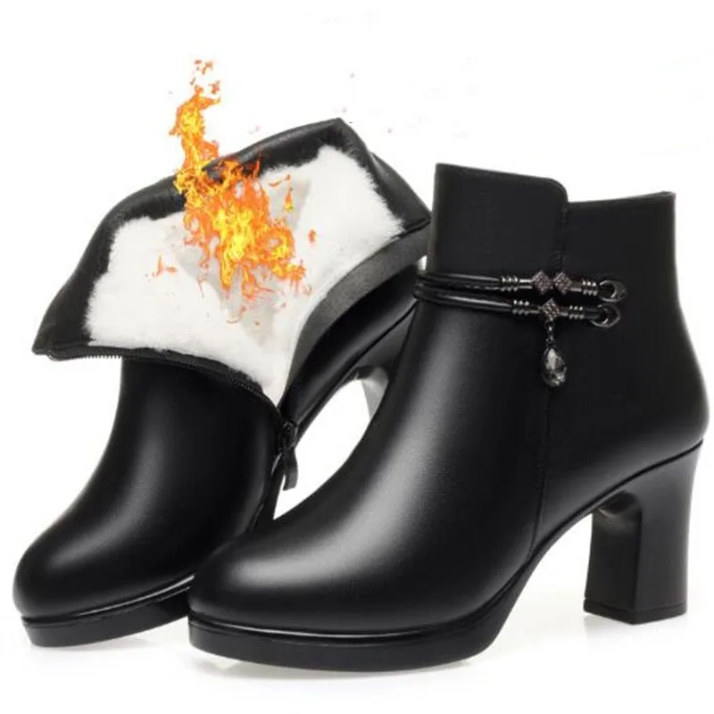 

ZXRYXGS Cowhide Rhinestone Winter Fashion Boots High Heel Shoes Black Boots 2023 Big Size Warm Plush Wool Snow Boots Women Boots