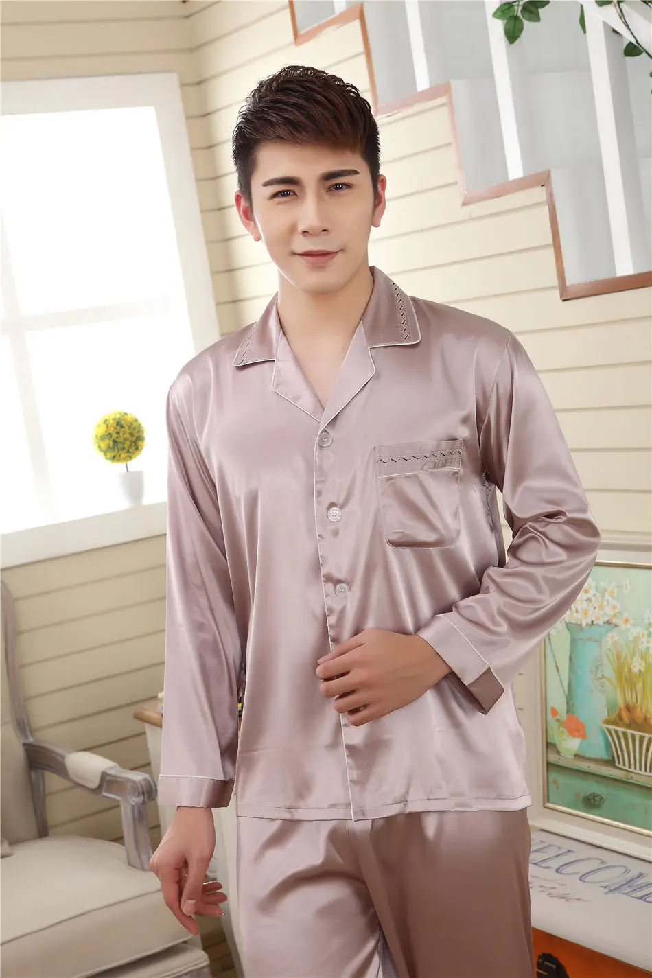 Spring Summer Grey Pink Silk Lovers Set Fashion Lounge Long-sleeve Sleepwear Pajamas Women Satin Nightgown