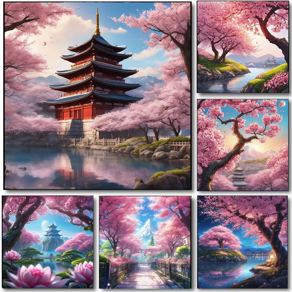 

Japanese Landscape Poster Prints For Living Room Home Decor Blooming Cherry Blossoms Fuji Mountain Canvas Painting Wall Art