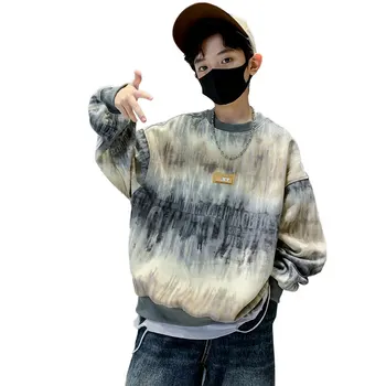 십대 소년 맨투맨 가을 그라데이션 문자 패턴 어린이 긴 소매 풀오버, 어린이 상의, 코튼 티셔츠, 7, 9, 11, 13, 14 세