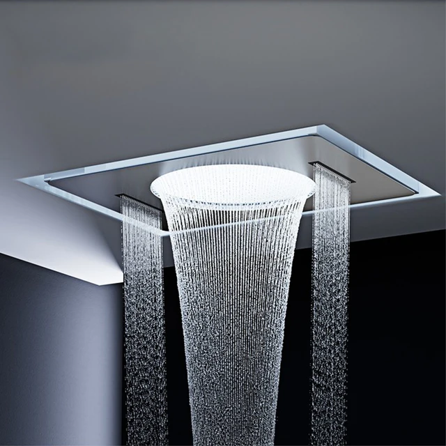 ระบบฝักบัวแบบติดเพดานสีเทากันเมทัล 4 ฟังก์ชั่น พร้อมตัวควบคุมอุณหภูมิแบบเทอร์โมสแตติกทองเหลืองในตัวและหน้าจอ LED สำหรับห้องน้ำ 6