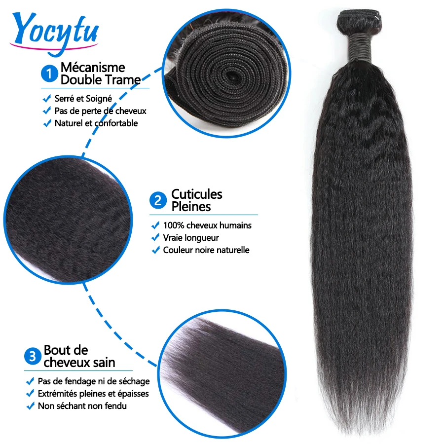 YOCYTU Kinky Straight Human Hair Bundles Brazilian Weave Bundles Human Hair For Black Women 1/3 PCS Yaki Straight Natural Black Remy Hair Extension Thick End 2-5 Days Fast Shipping