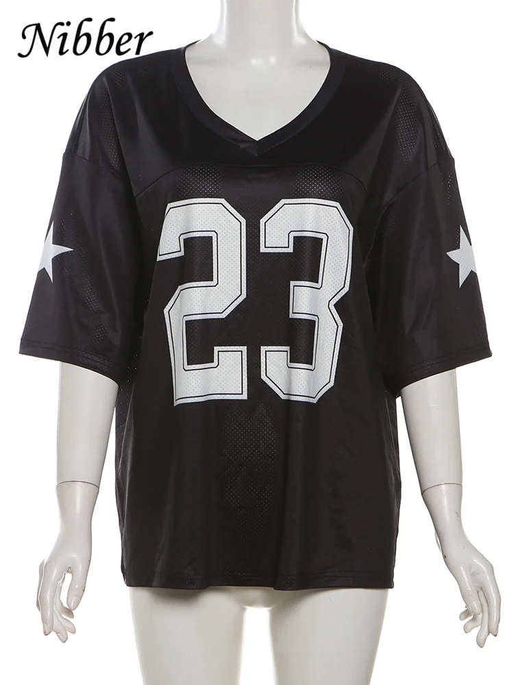 Nibber 2024 Number Print T-Shirt Woman Summer V-Neck Short Sleeve Loose Casual Comfortable Wild Party Streetwear Fashion Tops