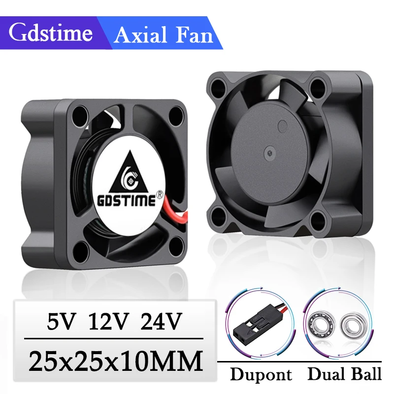 Gdstime 2Pcs 5V 12V 24V Ball/Sleeve Axial Cooler 25x25x10mm 2.5cm Mini Cooling Fan 2510 25mm Centrifugal Electric 3D Printer Fan 2pcs 3d printer parts cooling fan 2510 3010 4010 4020 5010 6010 5v 12v 24v 2pin sleeve brushless dc axial radiator cooler fan