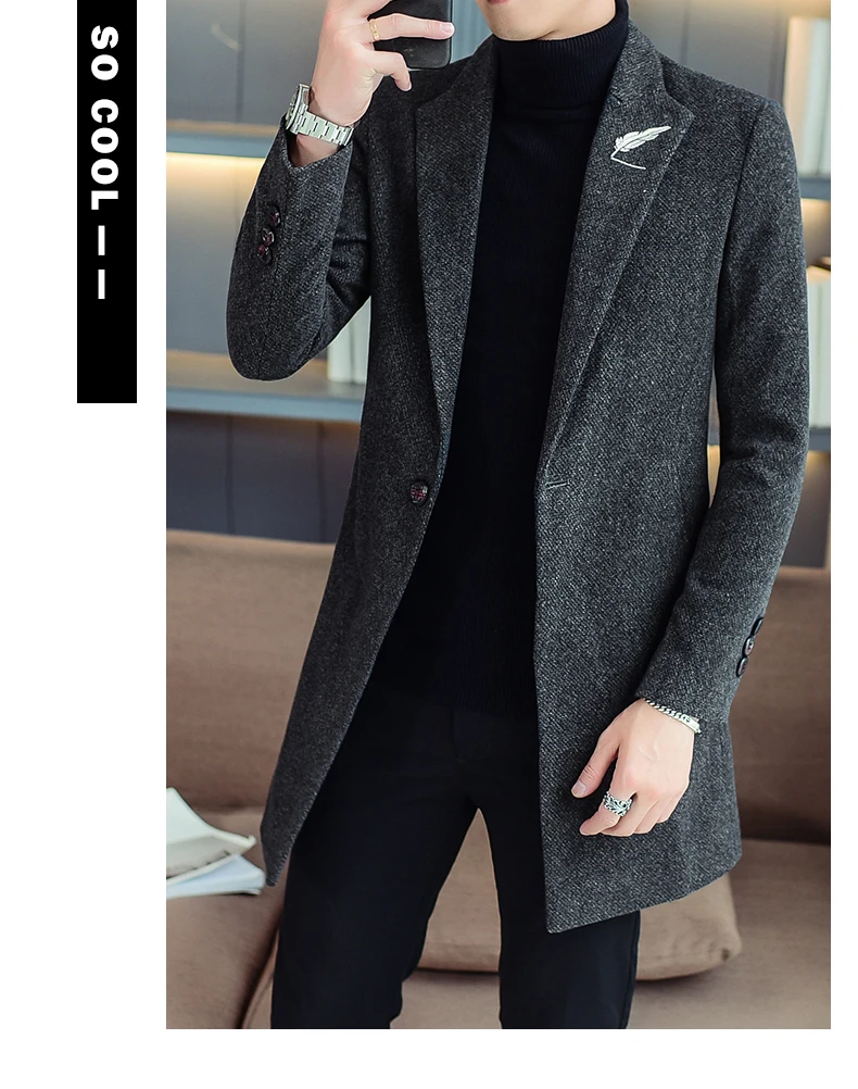 Business Casual 2026 Frühling Herbst Herren Einfarbige Wollmäntel Slim Fit Mittellange Trenchcoats Oberbekleidung Woll-Windbreaker Jacken – Detail 10