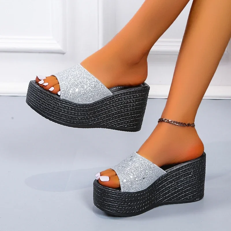 

2024 Hot Sale Ladies Shoes Summer Women's Slippers Solid Sequins Open Toe High Heels Water Proof Concise Casual Slippers Women