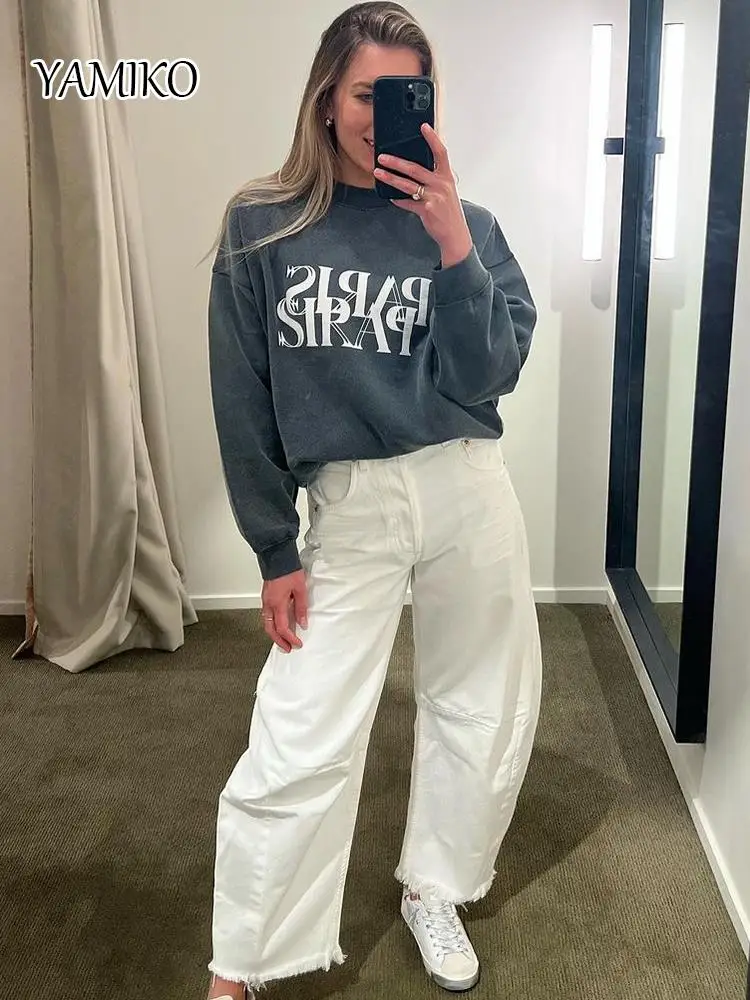 Paris Letter Sweatshirts For Women Autumn Winter 2024 Cotton Washed Retro O-Neck Pullovers Tops Fashion Female Sweatshirt