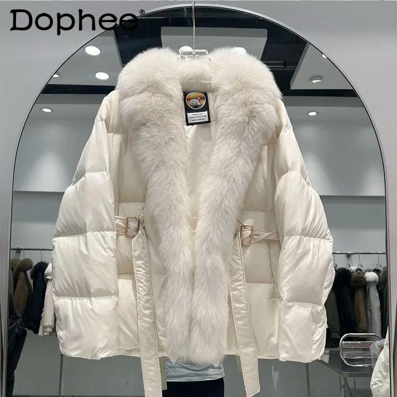

Luxury High-End Fox Fur Collar Stitching Down Coat Female 2023 Autumn Winter New Solid Color Long Sleeve Puffer Jacket Women