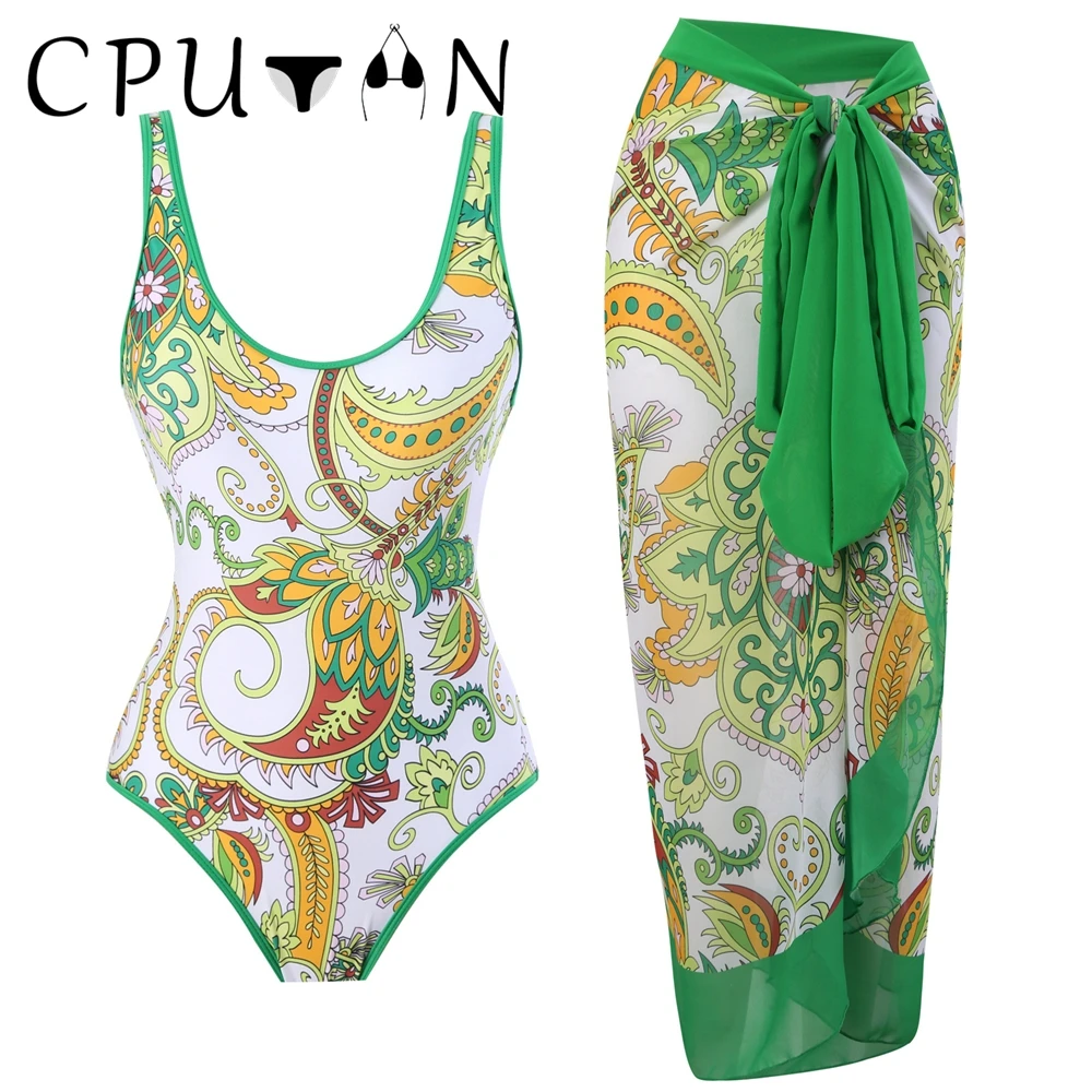 

CPUTAN 2023 New Vintage Sexy One Piece Swimsuit Dress Green Print Push Up Women Backless Swimwear Beach Monokini Swimming Suit