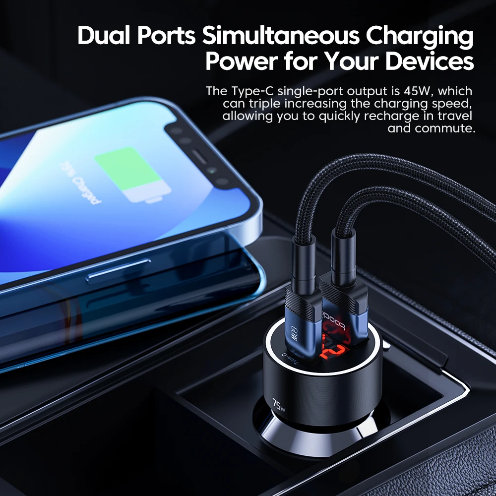 75W USB C Charger QC4.0 PD3.0 SCP 5A PD Fast Charging Type C Car Phone Charger For iPhone 14 13 Samsung Xiaomi Huawei phone charger