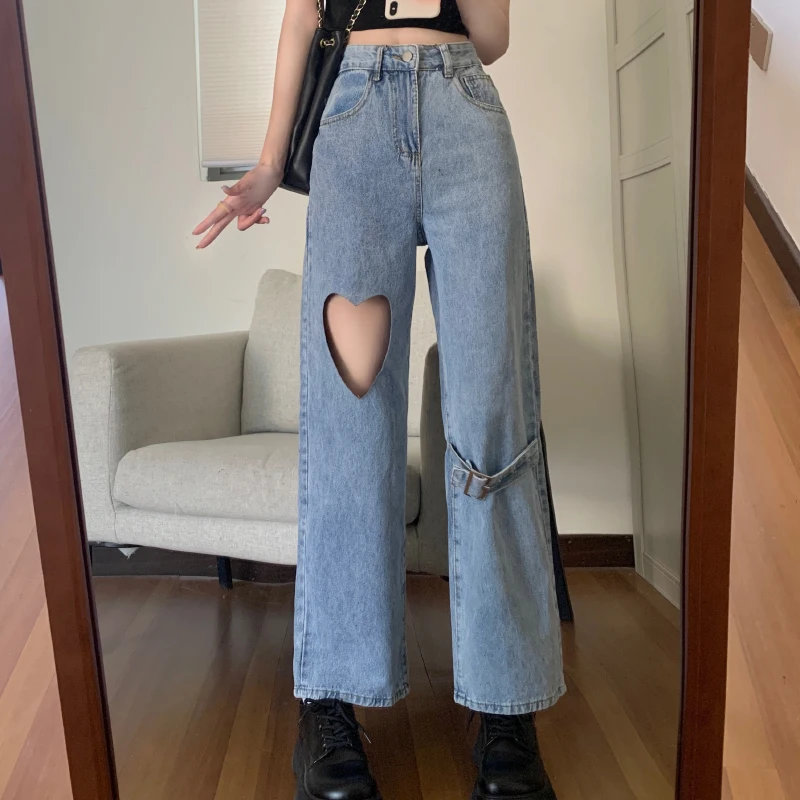 JMPRS Streetwear Women Jeans High Waist Love Hollow Out Designed Wide Leg Denim Pants 100% Cotton Casual Female Loose Jeans New bootcut jeans