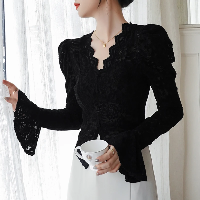 QOERLIN Vintage V-neck Flared Sleeves Stretch Lace Top Chic Korean Fashion Sexy Transparent White Shirt Black Blouse Women Trend elegant fashion england style chic sweet capable aesthetic kawaii vintage grace dress three quarter sleeves vestidos