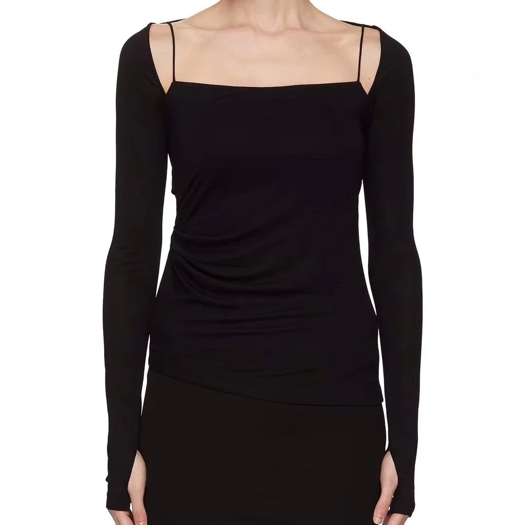 

2023 Spring Pure Cotton Fashion Sexy Black Slim Bottoming Tops Women T Shirt