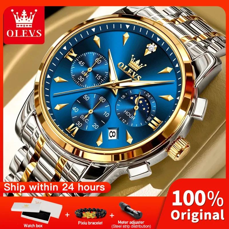 OLEVS 3639 Top Brand Original Luxury New Quartz Watch Stainless Steel Watch For Men Waterproof Luminous Moon Phase Mens Watch 1