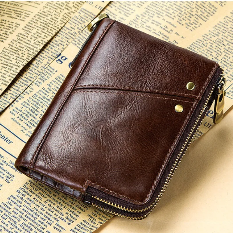 RFID Blocking Genuine Leather Men's Bifold Wallet with Zippered Coin Pocket