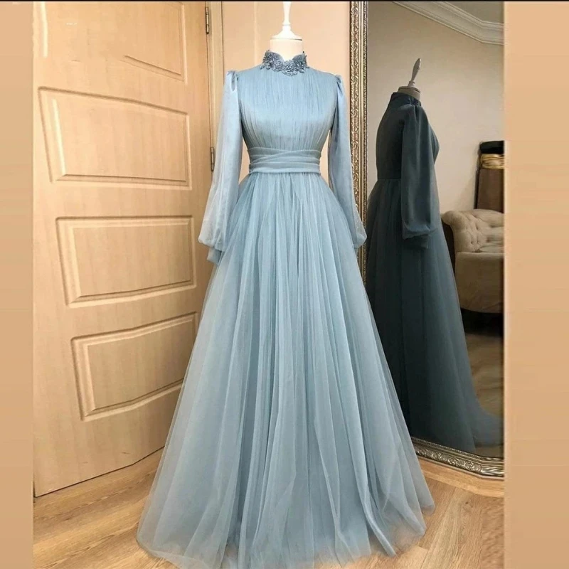 

Modest Muslim Evening Dresses High Neck Appliqued Puff Long Sleeves Formal Women Prom Gowns Long Celebrity Party Dress 2024