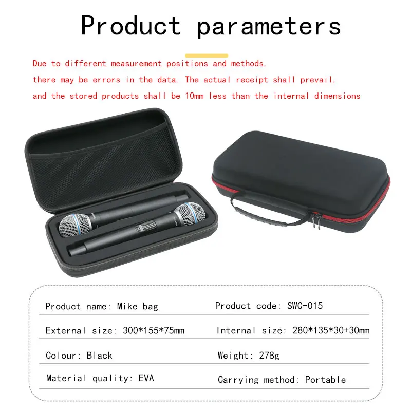 For Shure BETA58A handheld two wireless microphone storage bag, portable handheld protective hard shell box bag（ONLY BAG）