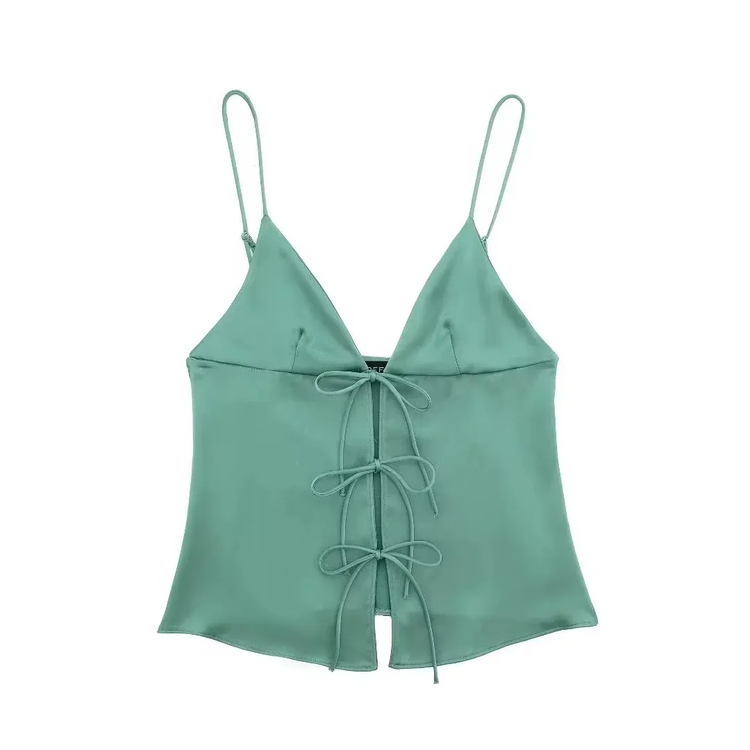 HH Women Front Bow Tie Top Elegant V Neck Solid Camis Sleeveless Backless Sexy Lady Straps Tanks Y2k Female Slim Crop Tops