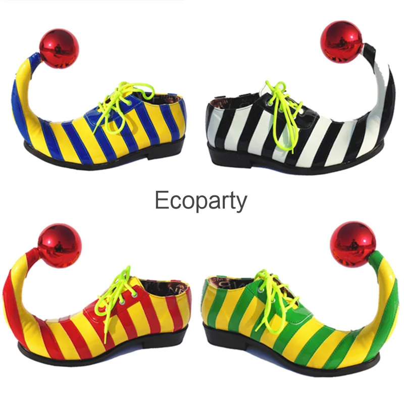 Adults Halloween Clown Cosplay Shoes Funny Circus Club Clown Performance Stripe Clown Shoes With Red Ball Carnival Cosplay Shoes