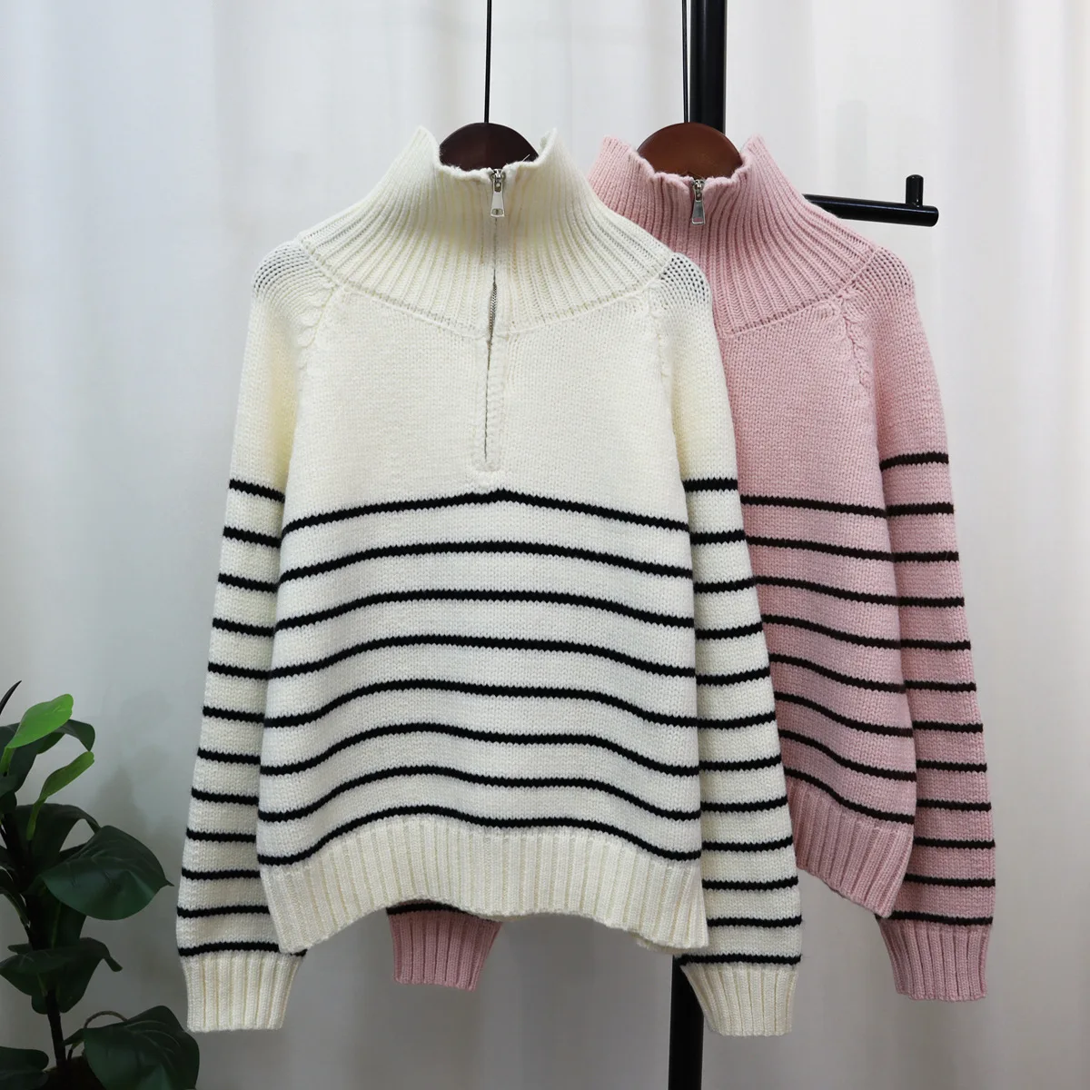 

Hsa Autumn Winter High Collar Pullovers Sweater Women's 2023 New Half Zippered Pullover Contrast Large Size Stripe Loose Knitted