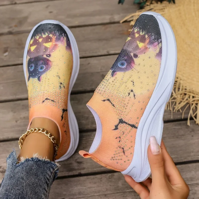 

Женские блестящие туфли с кристаллами на плоской подошве, новинка 2023, женские кроссовки без шнуровки на платформе, дышащая вязаная обувь для ходьбы с принтом, женская обувь размера плюс 43
