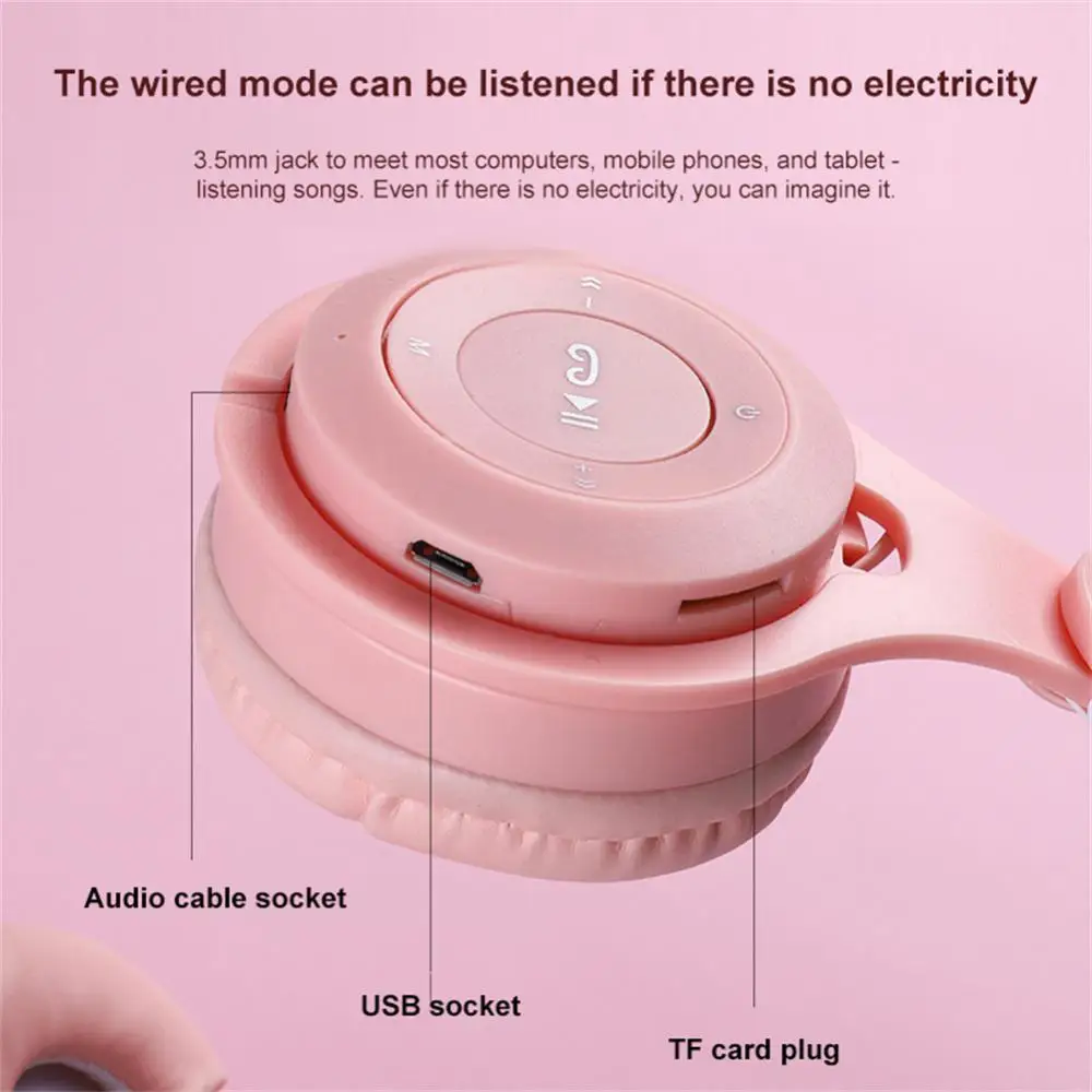 플래시 라이트 귀여운 고양이 귀 무선 헤드폰, 마이크 제어 LED, 어린이 소녀, 스테레오 음악 헬멧, 전화 헤드셋 선물