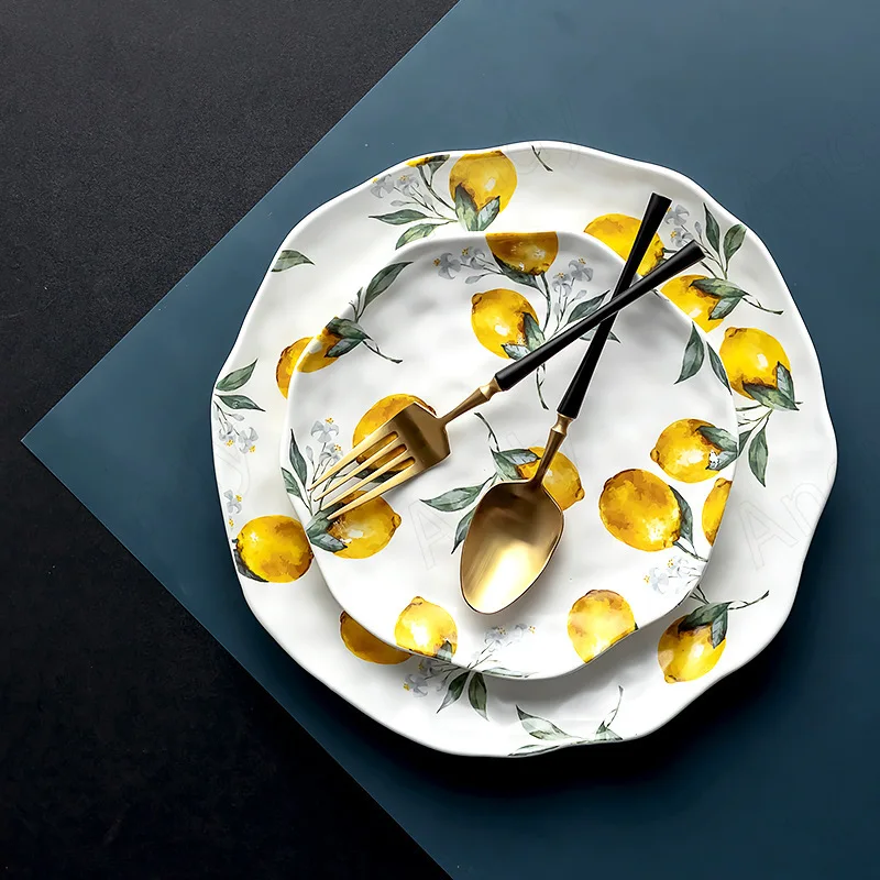 

European Ceramic Plate Creative Rural Style Breakfast Bread Plate Hand Drawn Lemon Desktop Fruit Salad Plates Kitchen Tableware