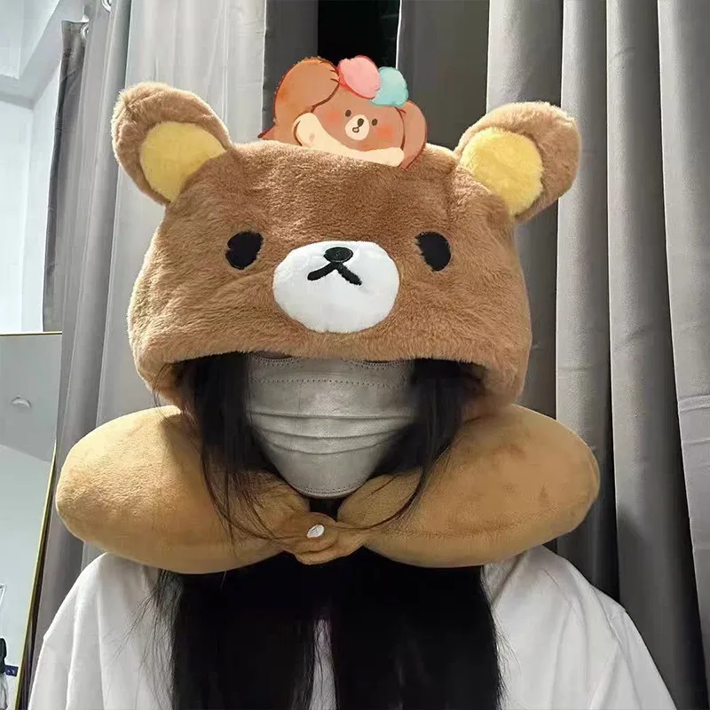 Rilakkuma Cute Plush Toy Doll Travel Hooded U-Shaped Neck Pillow Soft Neck Support Pillow For Plane/Cars/Office Napping Pillow
