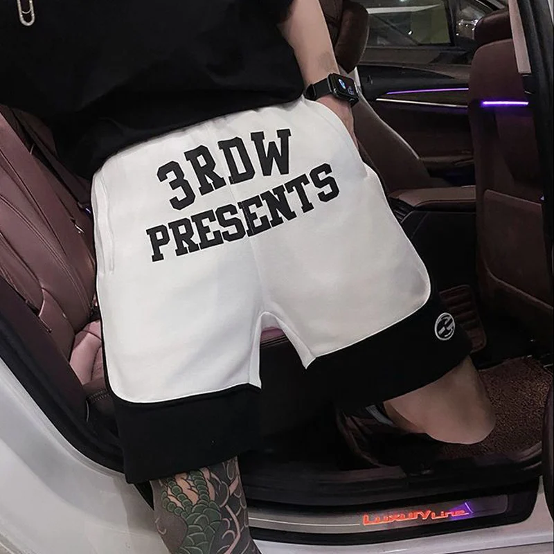 2022 Summer Men's Casual Letter Print Striped Patchwork Streetwear Shorts Korean Fashion Loose All-match Sports Five-point Pants
