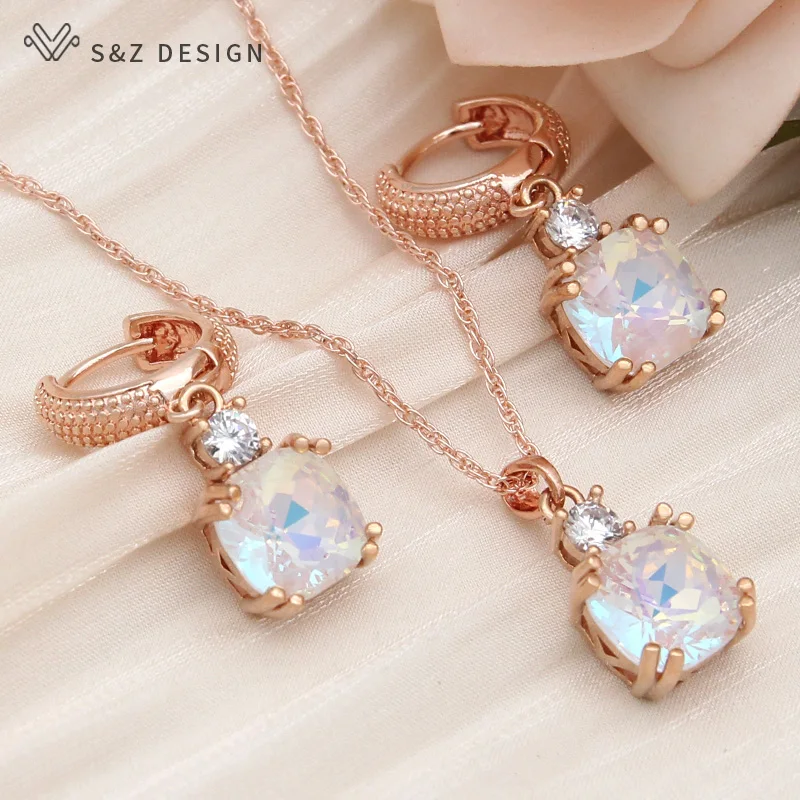 S&Z DESIGN New Fashion Classic Square Crystal Drop Earrings Jewelry Sets For Women Wedding 585 Rose Gold Color Pendant Necklace