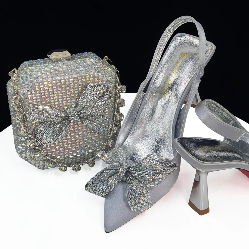 

Italian New Design Fashion Shiny Sliver High Heels Nigerian Bow Crystal Sandals Wedding Party Elegant Women's Shoe Bag Set