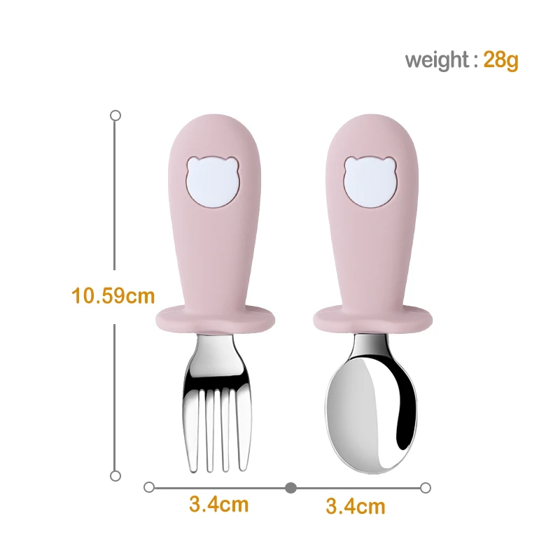 Baby Feeding Solid Food Spoon Fork Set BPA Free Silicone Handle Cartoon Bear Stainless Utensil Children's Tableware 6