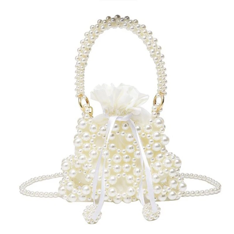 Artificial Pearl Woven Handbag Shoulder Bags for Women Summer Travel Tote Purse