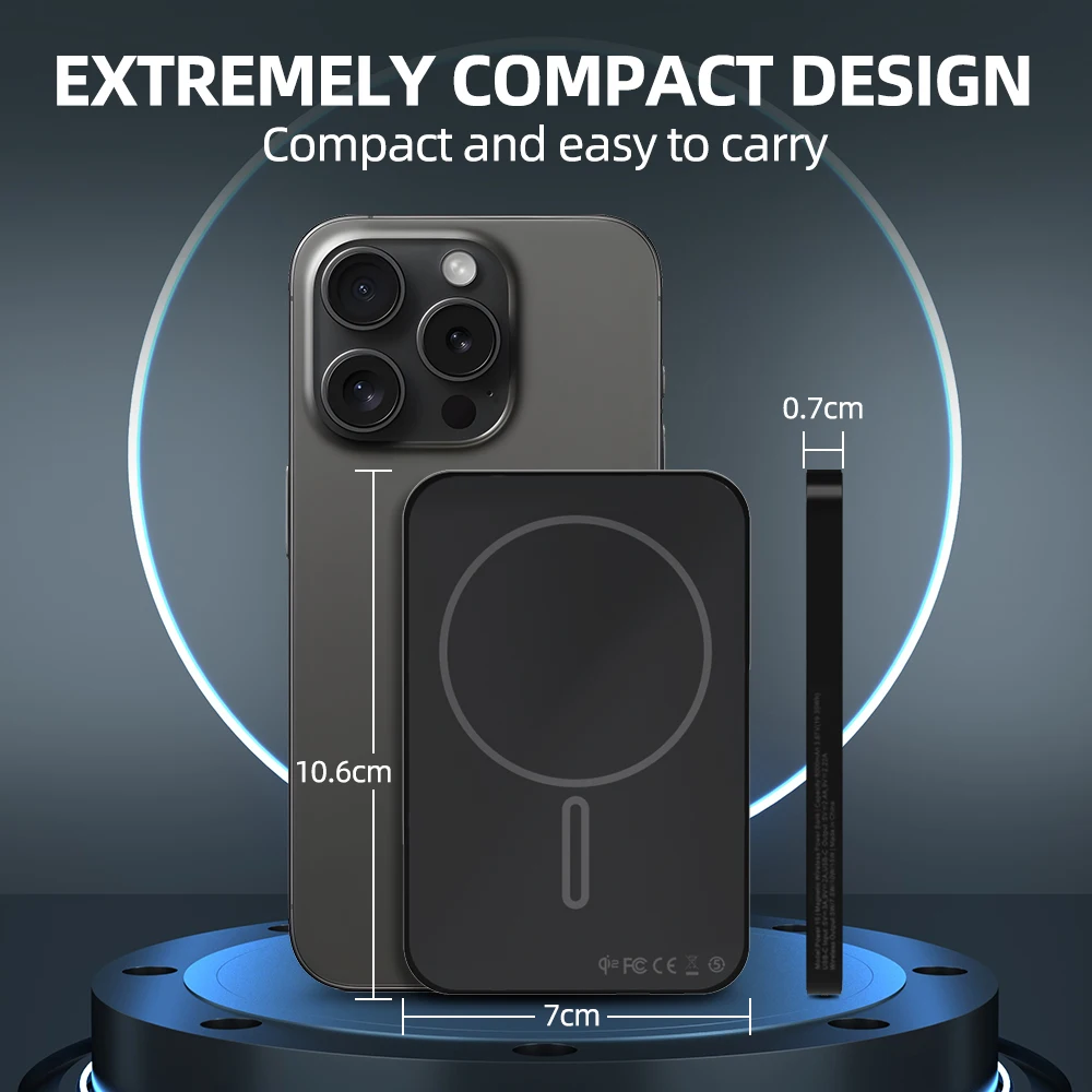 자석 휴대용 충전기 5000mAh: 0.3인치 초슬림, 딱 맞는 디자인. 무선, 아이폰 16/15/14/13/12 시리즈 호환, 블랙.