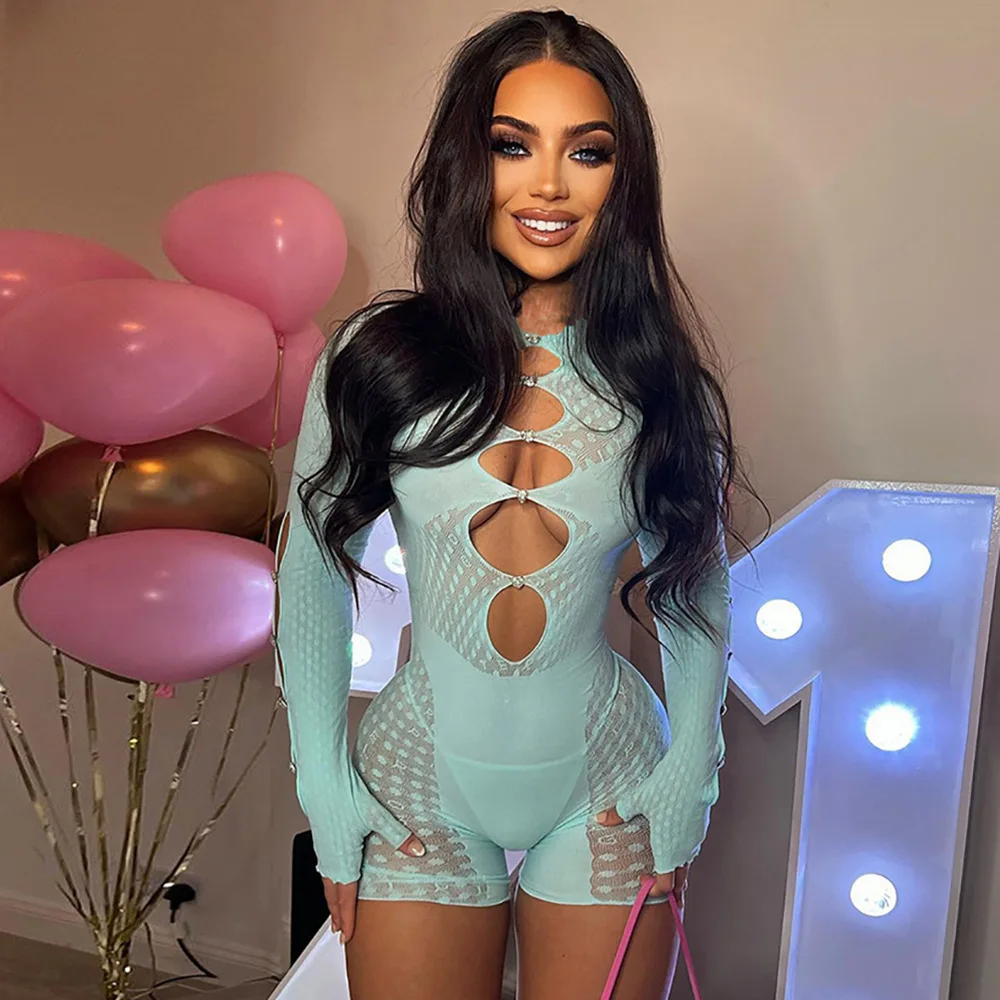 

Woman Long Sleeve Mesh Short Jumpsuit Polka Dot Printed Front Hollow out Casual Bodysuit S-L