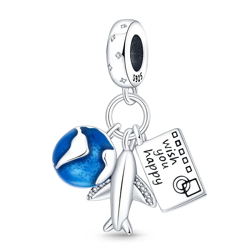 925 Sterling Silver Travel Passport Trunk Charms Fit Original Bracelet Diy Airplane Earth Beads for Jewelry Making Gift 6