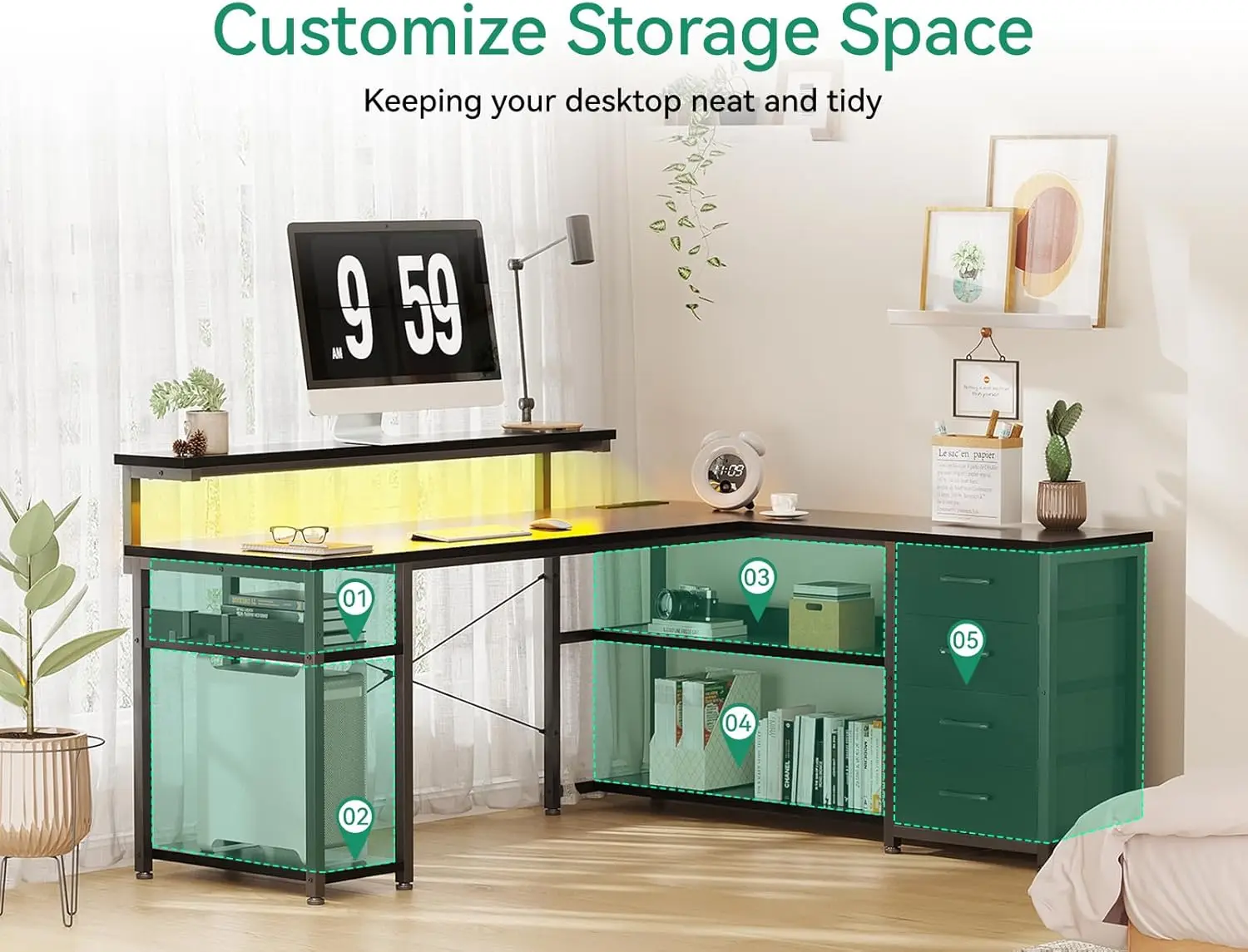 61" L Shaped Desk with Drawer, Computer Desk with Power Outlets & LED Lights, Reversible Corner Gaming Desk for Home Office 4