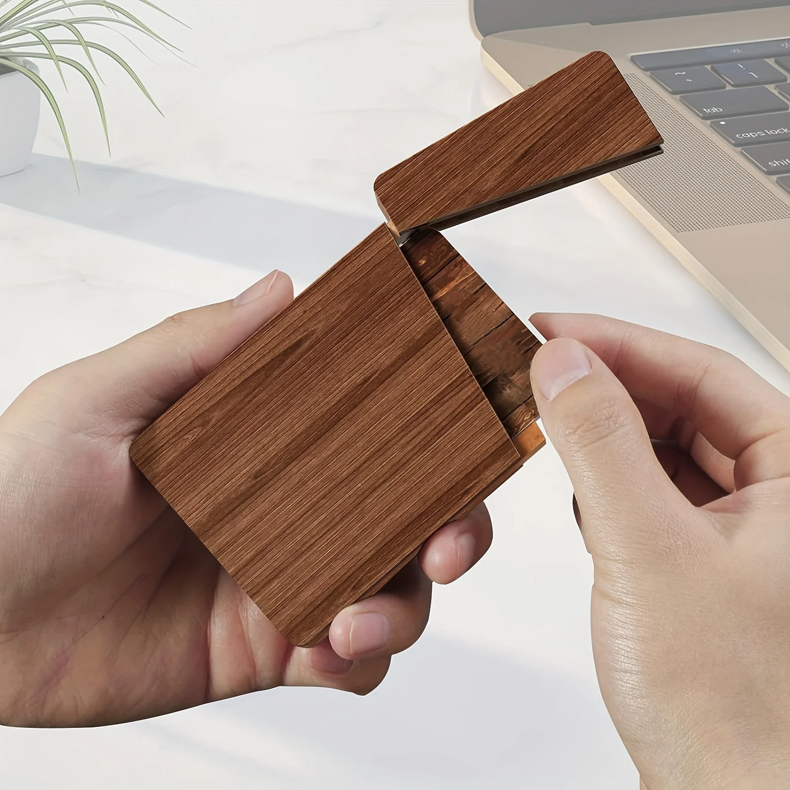 1pc Walnut Wood Artisan Crafted Business Card Holder - Handcrafted Storage Box & Organizer with Magnetic Closure for Men 5