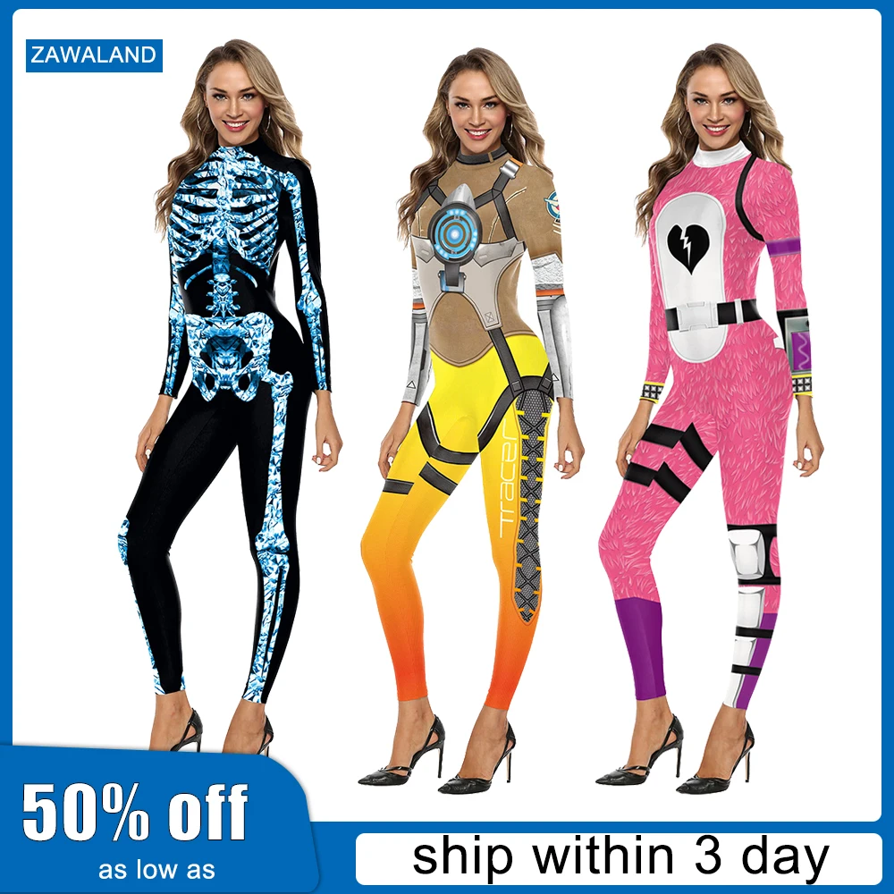 

Zawaland Woman Sexy Catsuit Halloween Costumes Jumpsuit Cosplay Anime Clothes Carnival Party Garment Skeleton Print Bodysuits