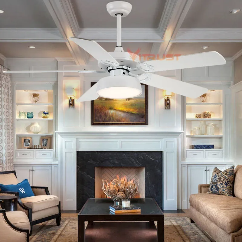 LED Ceiling Fan Light Wood Strong Wind 42in 52inch Remote Control 5 Blade Black White Ceiling Fan Lamp Dining Room Living