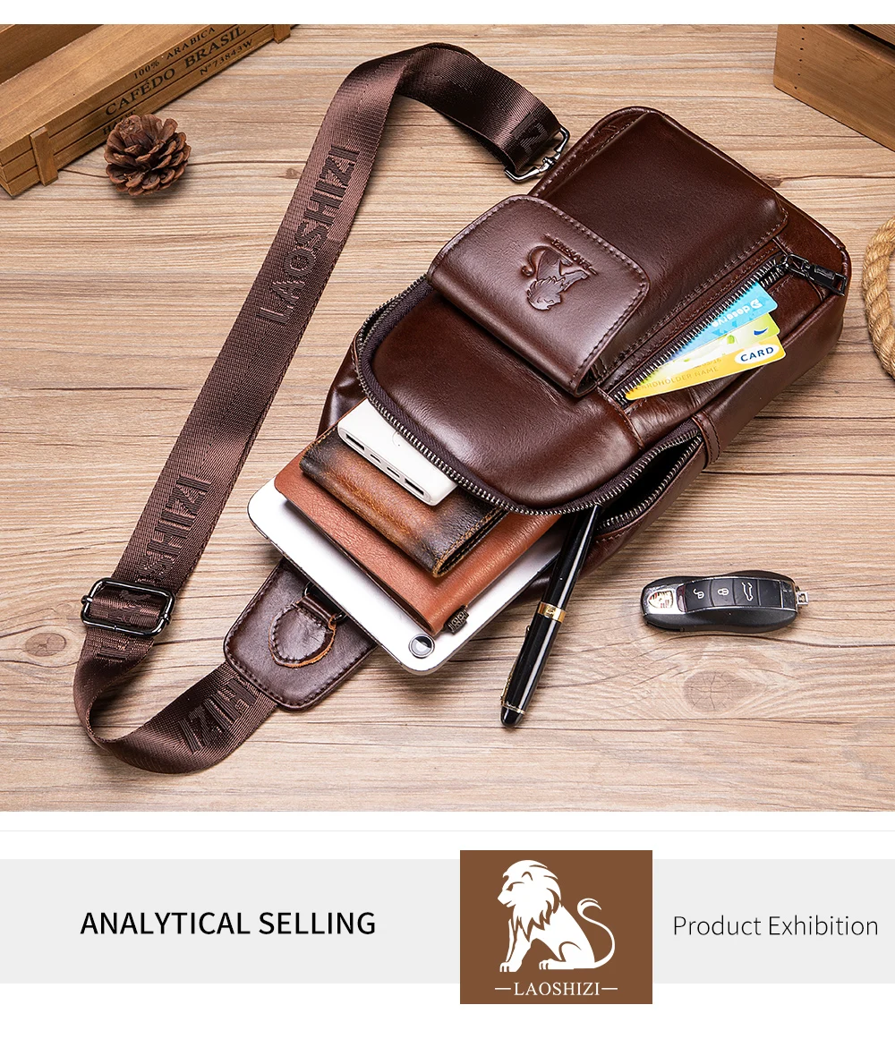 Hochwertige Herren-Leder-Brusttasche aus Rindsleder mit Großer Kapazität für Mobiltelefone und iPads – Detail 9