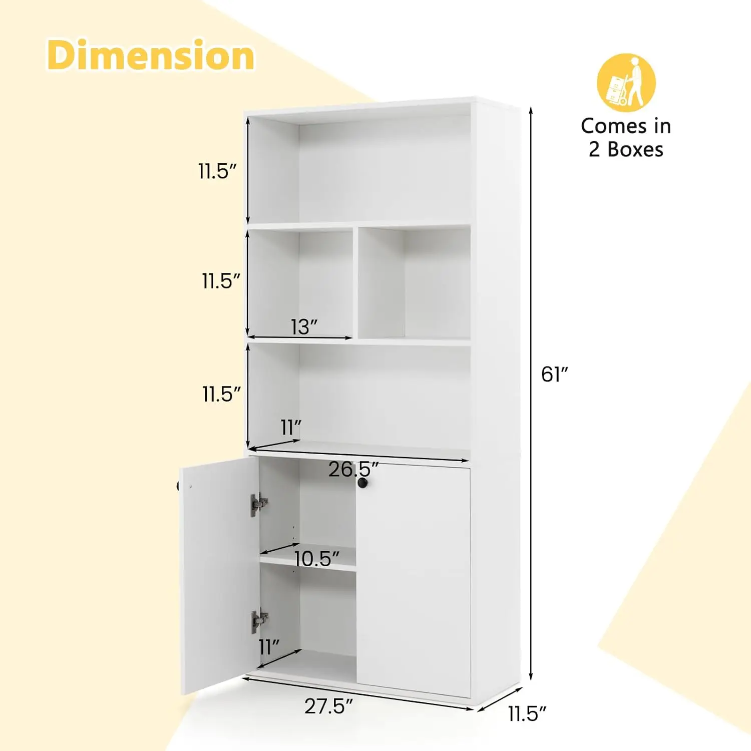 3-Tier Bookcase with Doors, 61" Tall Bookshelf with 4 Open Cubes & Adjustable Shelf, Modern Wood Display Cabinet, 3