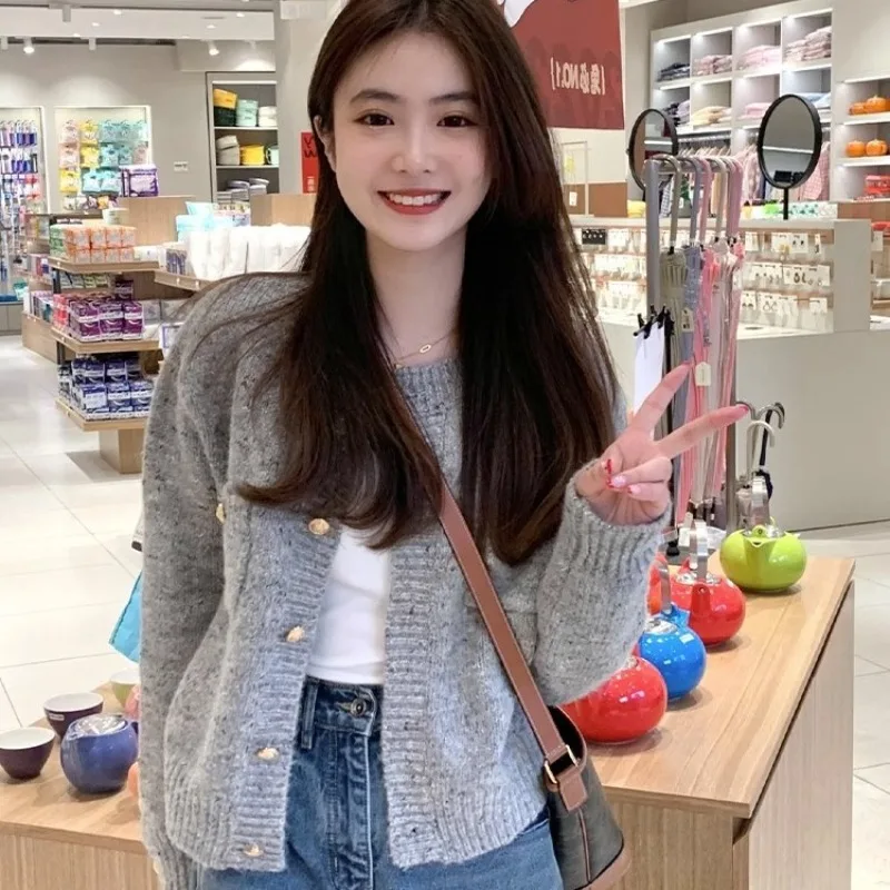 Fashion Winter Warm Long Sleeve Women Cardigan Sweater Autumn Elegant Grey Knitted Short Coat Casual Knitwear