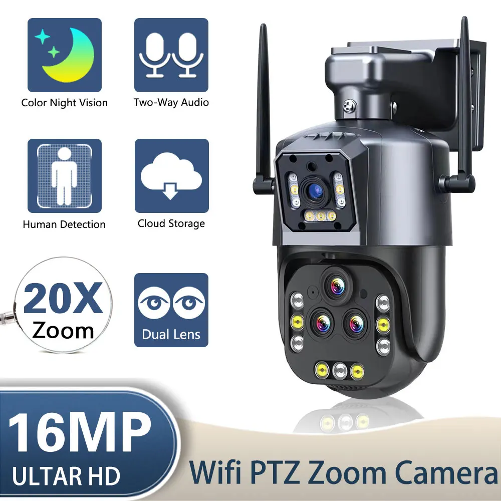 4K 16MP Wifi IP Camera Outdoor 20X Zoom Four Lens PTZ Security Camera Auto Tracking Wireless CCTV Video Surveillance System P2P 4mp icsee dual lens wifi security camera auto tracking 8x zoom speed dome outdoor ptz ip camera waterproof
